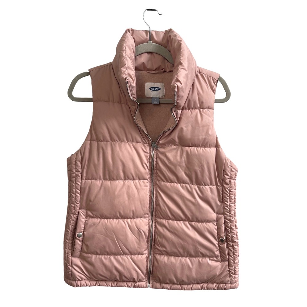 Old Navy Puffer Vest Womens Medium Pink Gorpcore Fleece Lined Quilted Full Zip